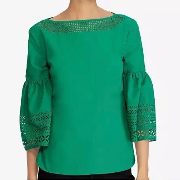 Lauren Ralph Lauren Green Laser Cut Bell Sleeve Poplin Boat Neck Top size Large - Picture 1 of 7